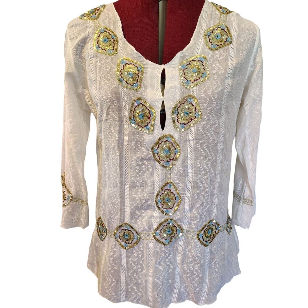 Zoe D VTG White Sheer Cotton Tunic Embroidered Sequins Embellishment Size M